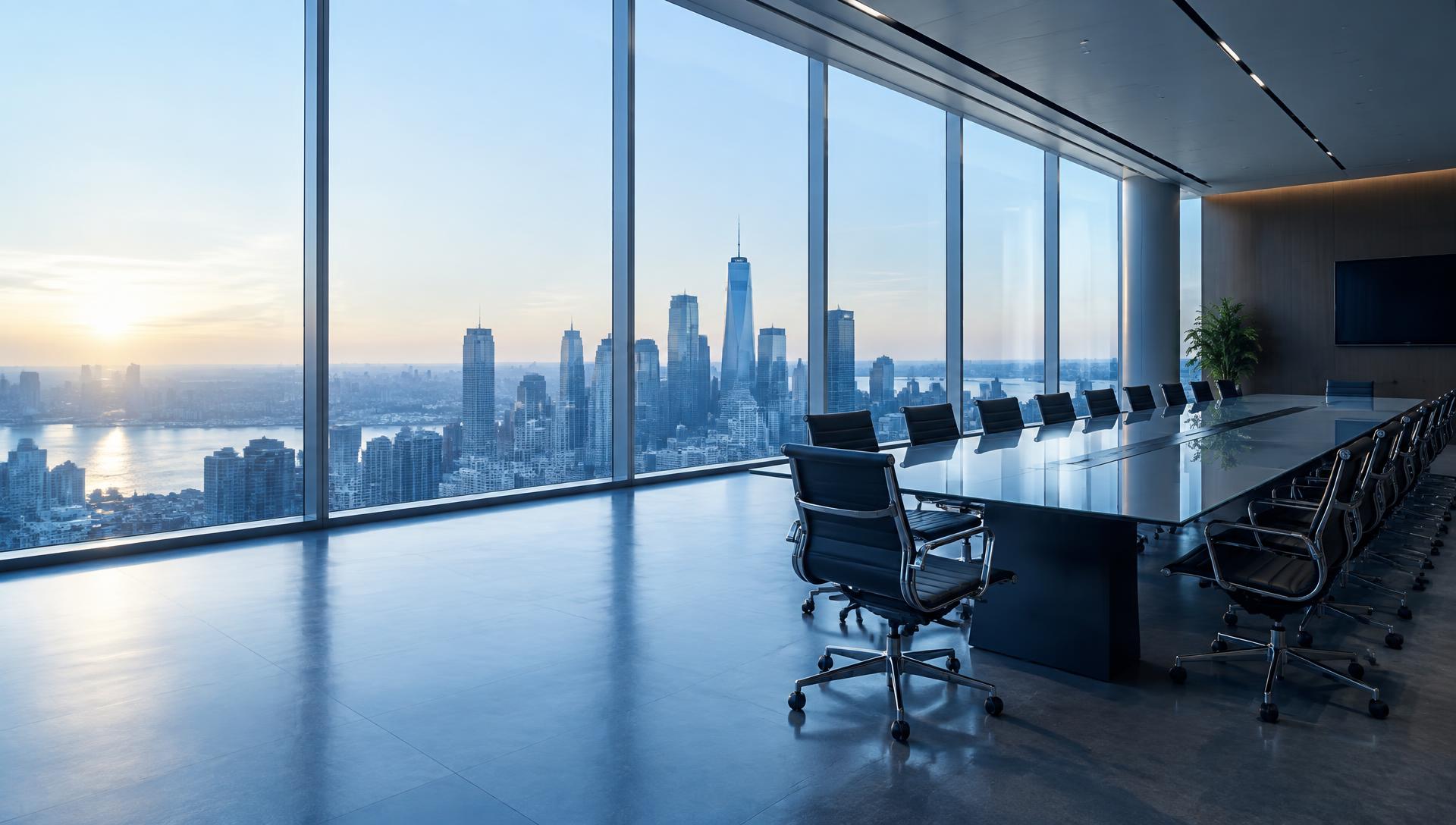 Executive boardroom overlooking the city skyline